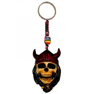 Handmade durepox resin figurine keychain of a viking skull with a red horned helmet.