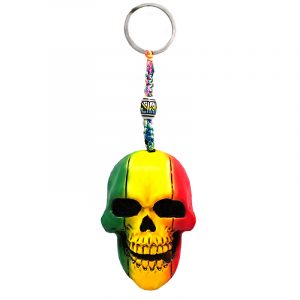Handmade durepox resin figurine keychain of a skull in Rasta colors.