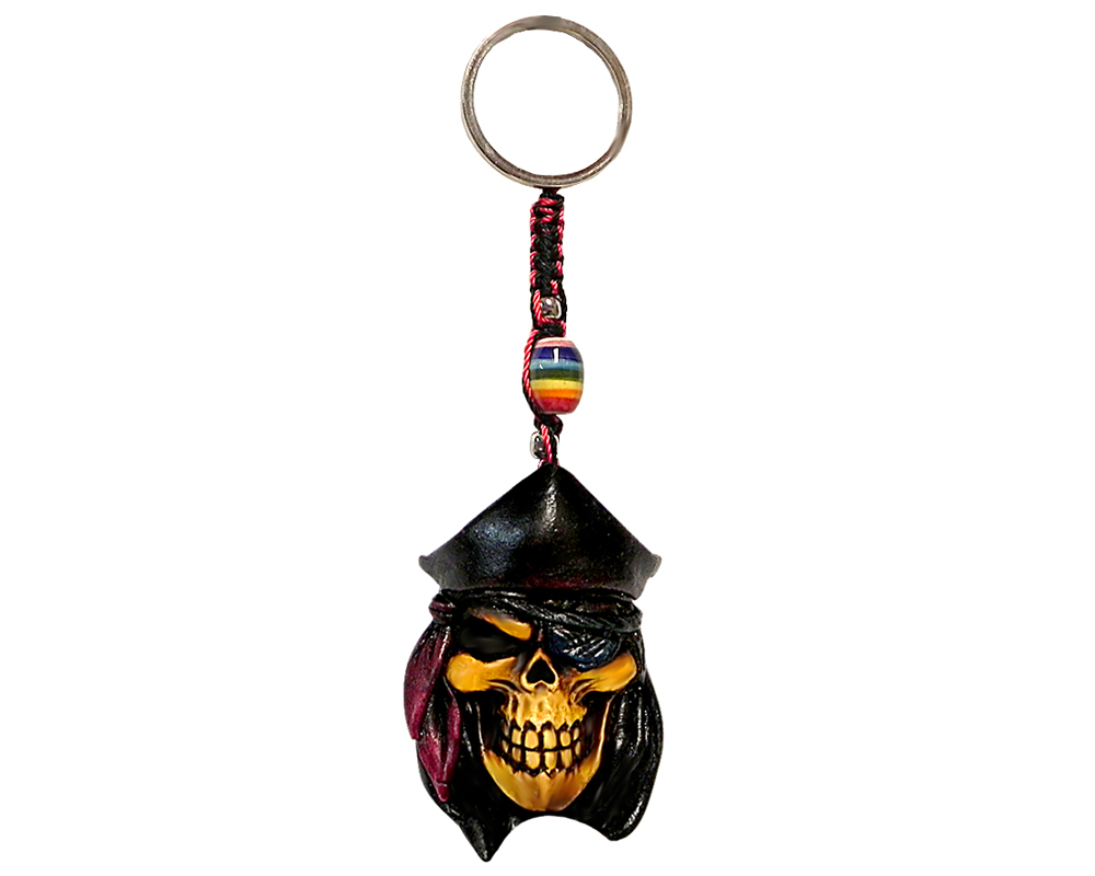 Handmade durepox resin figurine keychain of a pirate skull with a red captain hat and an eye patch.