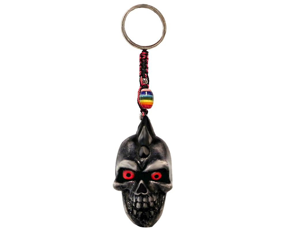 KC-05051301 Handmade durepox resin figurine keychain of a gray skull with a spiked mohawk.