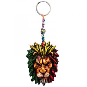 Handmade durepox resin figurine keychain of a lion head with a scar on one eye and Rasta-colored mane.