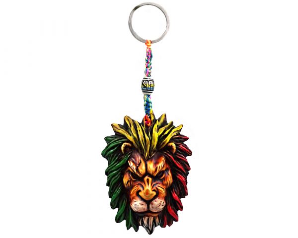 Handmade durepox resin figurine keychain of a lion head with a scar on one eye and Rasta-colored mane.
