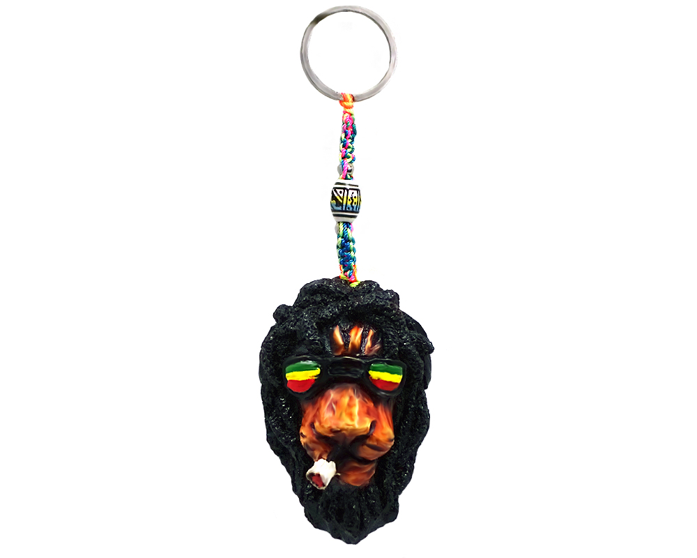 KC-05060103 Handmade durepox resin figurine keychain of a smoking lion head with dreaded mane and Rasta-colored sunglasses.