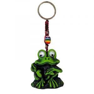 Handmade durepox resin figurine keychain of a green sitting frog.