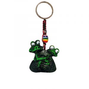 Handmade durepox resin figurine keychain of two horny green frogs with googly eyes.