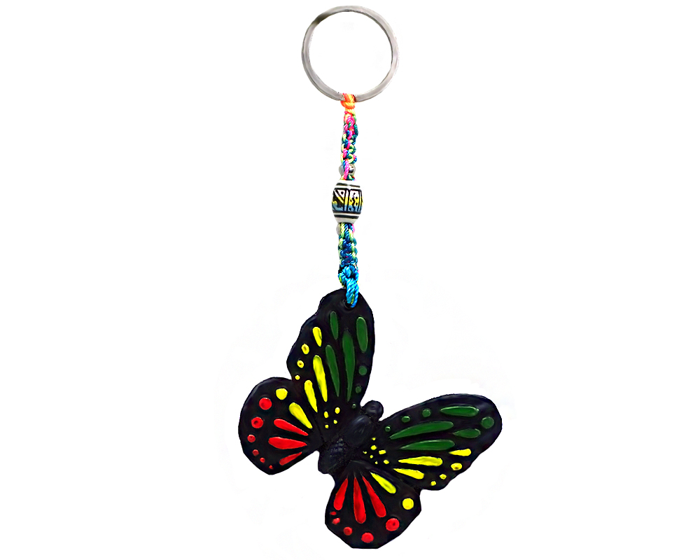 KC-05060302 Handmade durepox resin figurine keychain of a butterfly in Rasta colors.