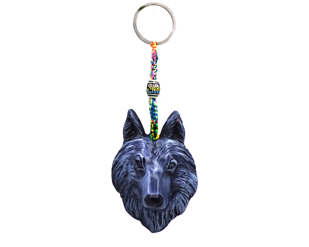 Handmade durepox resin figurine keychain of a gray wolf head.