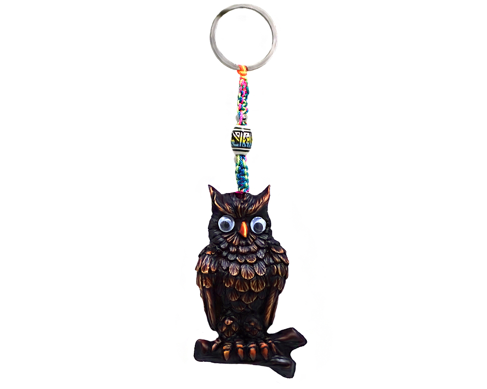 KC-05060601 Handmade durepox resin figurine keychain of a perched owl on a branch with googly eyes in brown color.