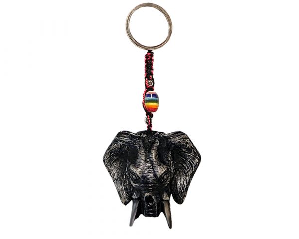 Handmade durepox resin figurine keychain of a gray elephant head.