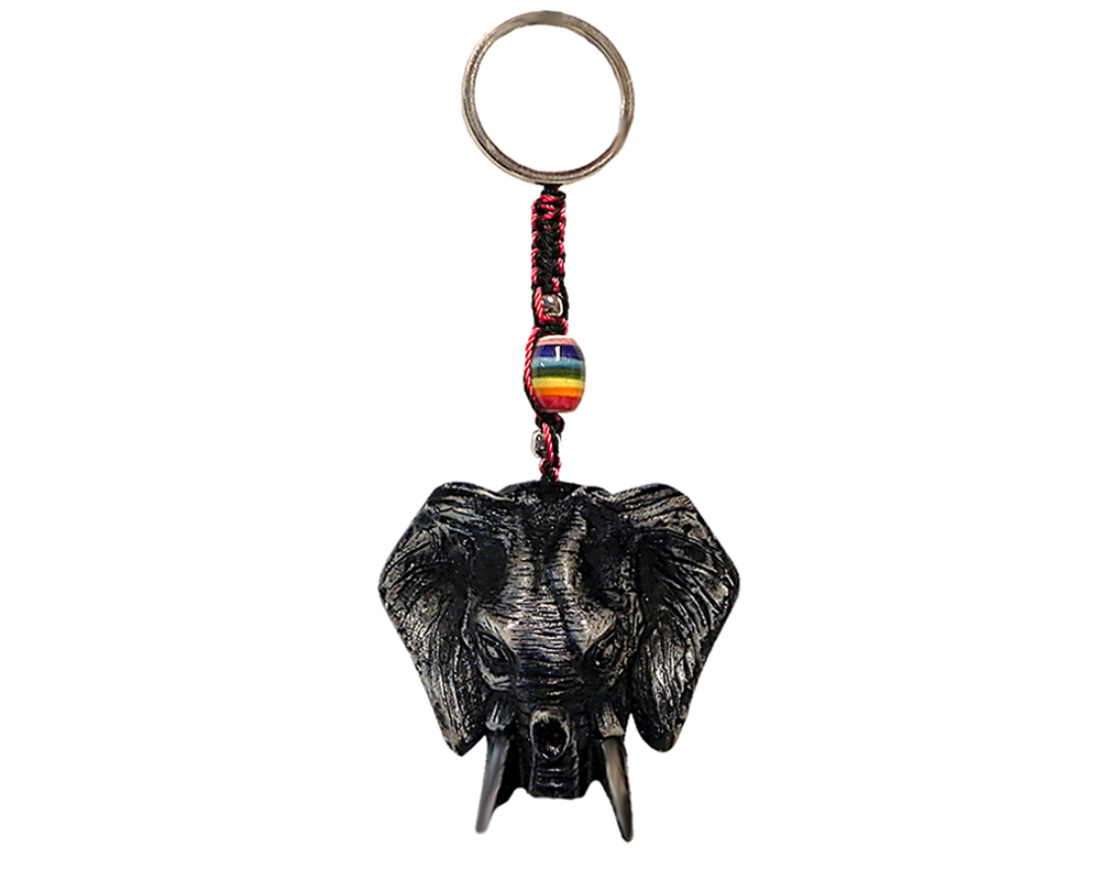 KC-05060701 Handmade durepox resin figurine keychain of a gray elephant head.