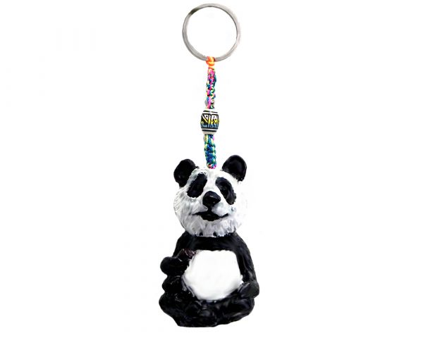 Handmade durepox resin figurine keychain of a black and white panda bear.