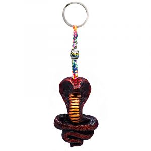 Handmade durepox resin figurine keychain of a dark red King Cobra snake.
