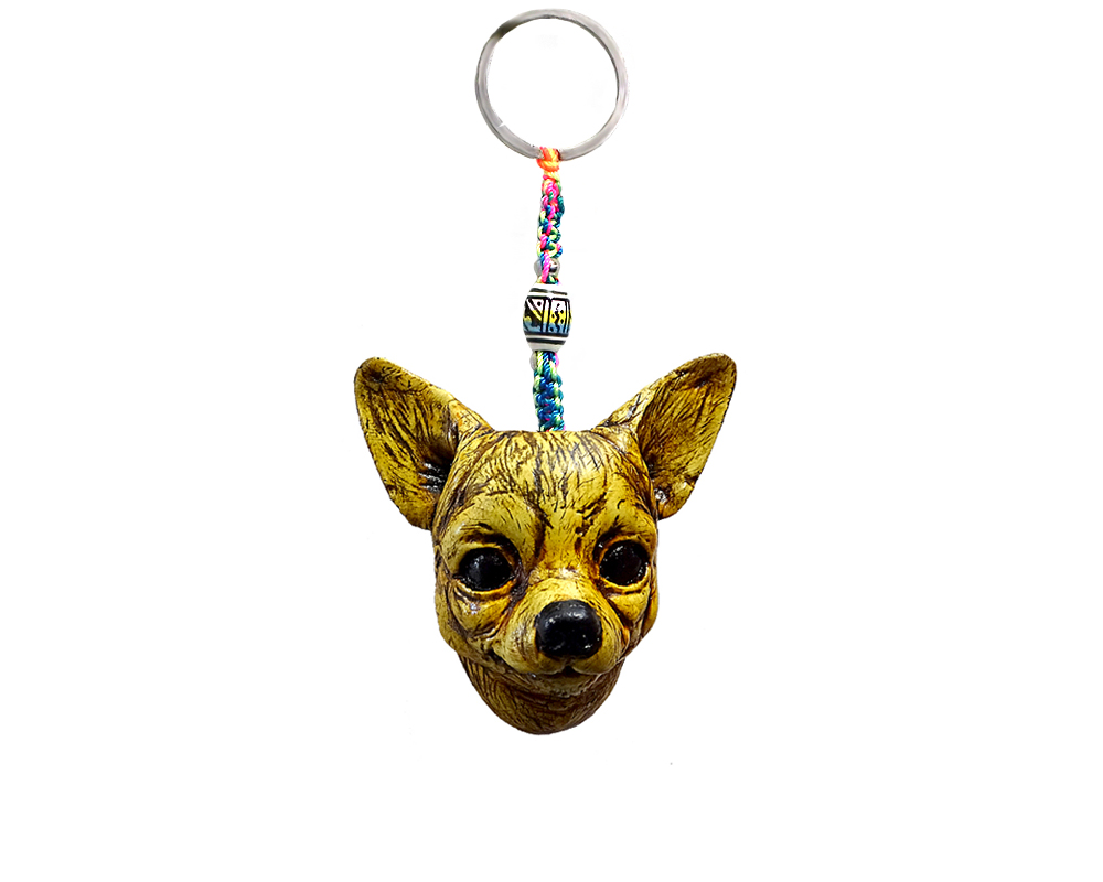 KC-05062008 Handmade durepox resin figurine keychain of a beige Chihuahua dog head.