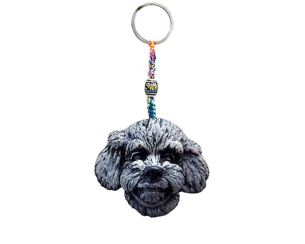 KC-05062009 Handmade durepox resin figurine keychain of a white Bichon Frise dog head.