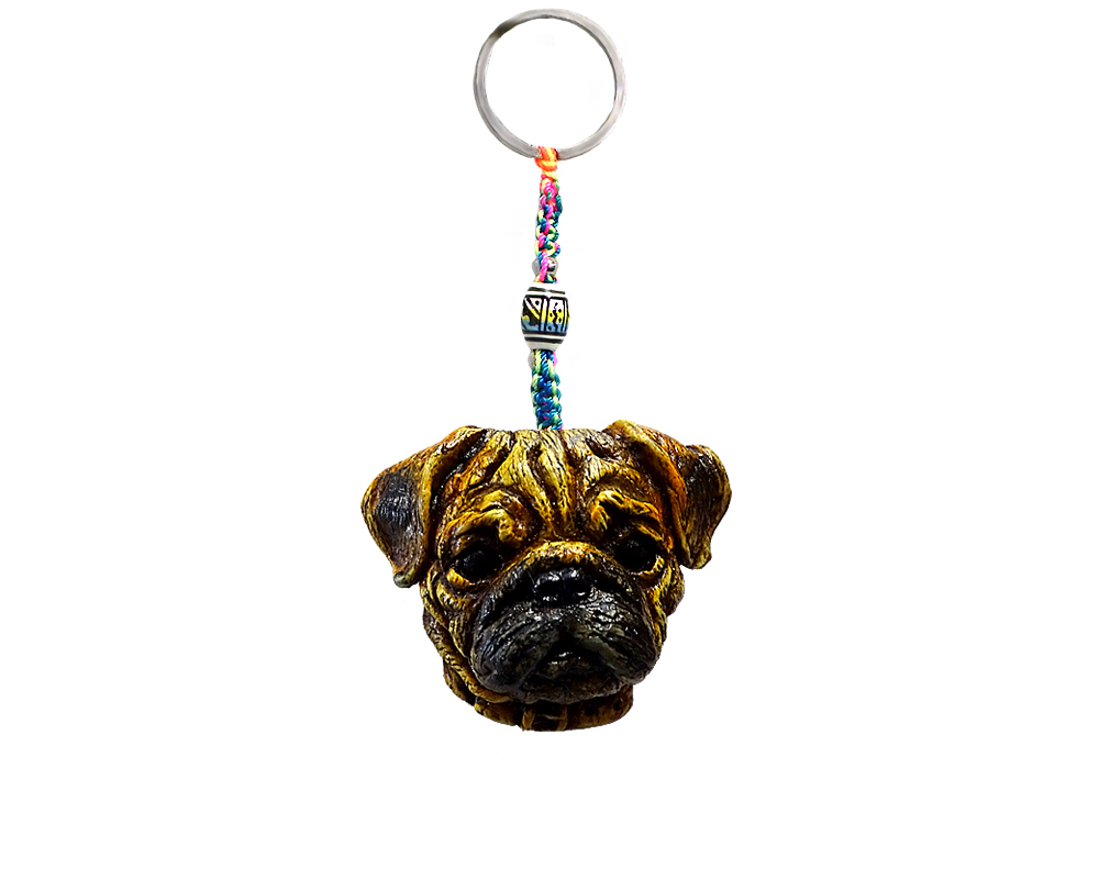 KC-05062010 Handmade durepox resin figurine keychain of a brown Pug dog head.