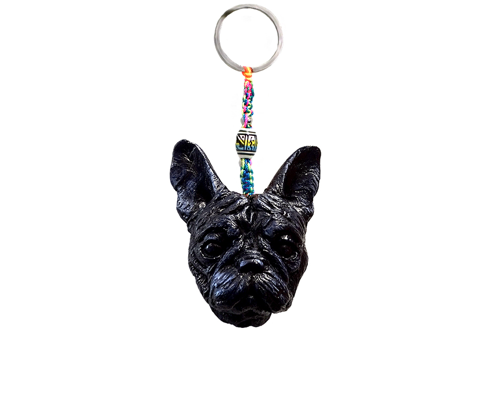 KC-05062011 Handmade durepox resin figurine keychain of a black French bulldog dog head.