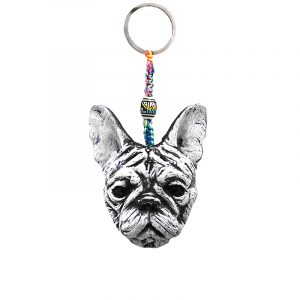 Handmade durepox resin figurine keychain of a white French bulldog dog head.