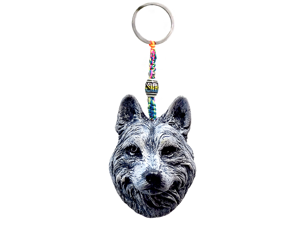 KC-05062014 Handmade durepox resin figurine keychain of a white Pomsky dog head.