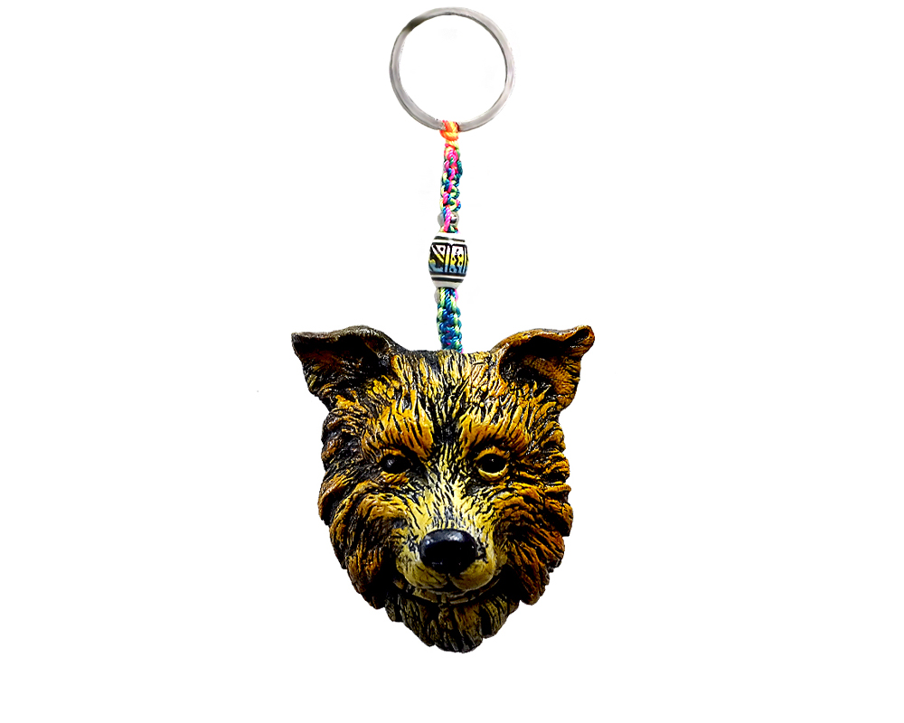 KC-05062015 Handmade durepox resin figurine keychain of a brown Australian Shepherd dog head.