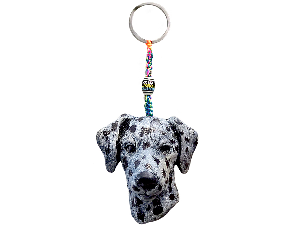 KC-05062016 Handmade durepox resin figurine keychain of a white and black spotted Dalmatian dog head.
