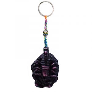 Handmade durepox resin figurine keychain of a dark purple scorpion.