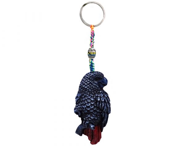 Handmade durepox resin figurine keychain of an African gray parrot.