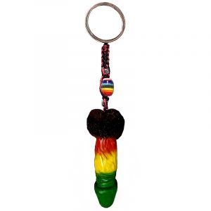 Handmade durepox resin figurine keychain of a penis in Rasta colors.