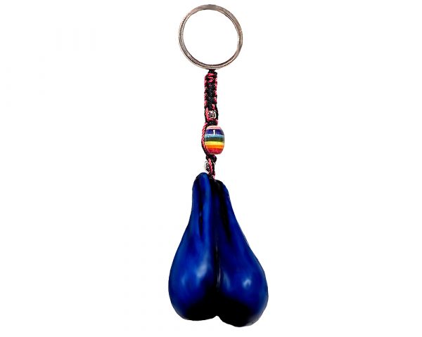 Handmade durepox resin figurine keychain of a blue ballsack.