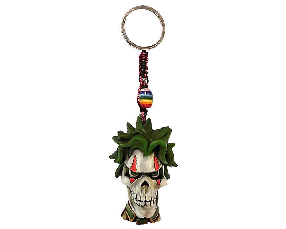 KC-05080106 Handmade durepox resin figurine keychain of an evil clown skull with green hair and tie.
