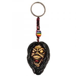 Handmade durepox resin figurine keychain of Eddie, zombie mascot from metal rock band.