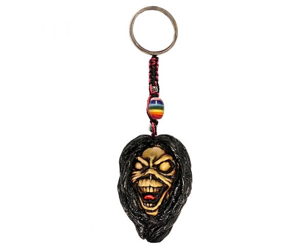 Handmade durepox resin figurine keychain of Eddie, zombie mascot from metal rock band.