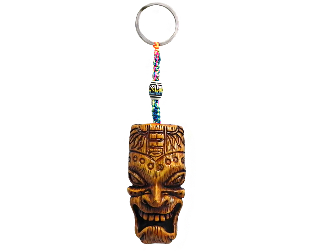 KC-05100201 Handmade durepox resin figurine keychain of a tiki head mask of Polynesian god, Kane.