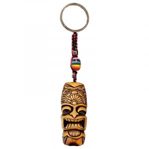 Handmade durepox resin figurine keychain of a tiki head mask of Polynesian god, Ku.