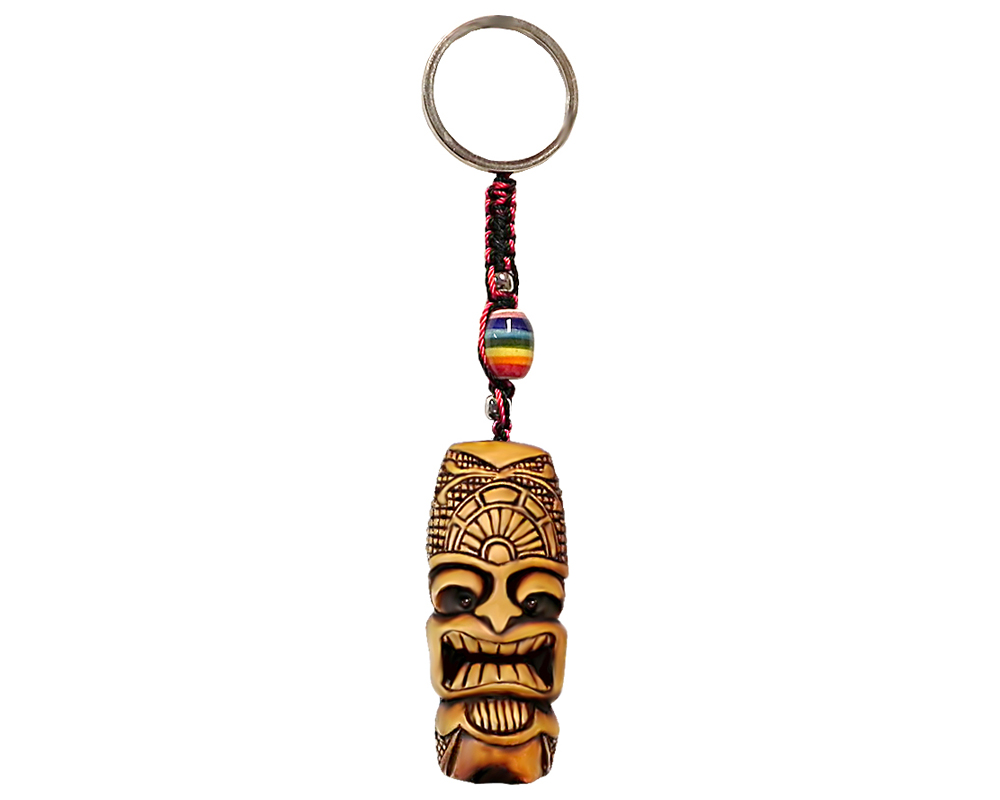 KC-05100203 Handmade durepox resin figurine keychain of a tiki head mask of Polynesian god, Ku.