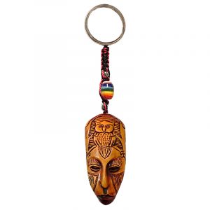 Handmade durepox resin figurine keychain of a tiki head mask of Polynesian owl goddess.