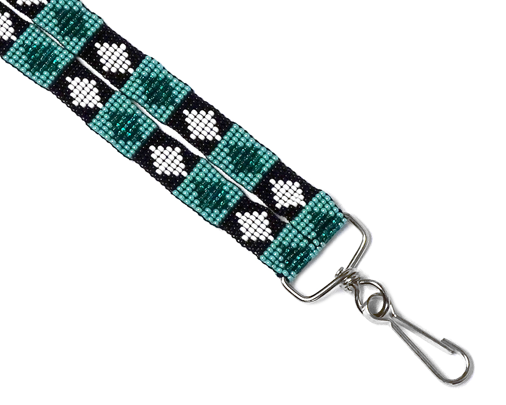 KC-060201540900 Czech glass seed bead wide strap lanyard with multicolored diamond pattern design and silver metal swivel hook clasp in turquoise mint, teal green, black, and white color combination.