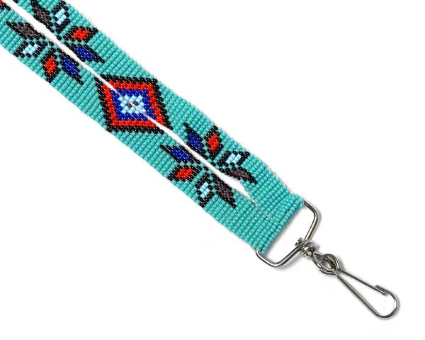 Czech glass seed bead wide strap lanyard with multicolored Native American inspired flower pattern design and silver metal swivel hook clasp in turquoise mint, blue, red, black, and dark gray color combination.