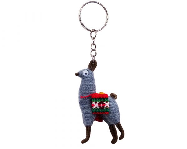 Natural alpaca wool keychain of a llama with googly eyes and silver metal key ring in gray and brown color combination.