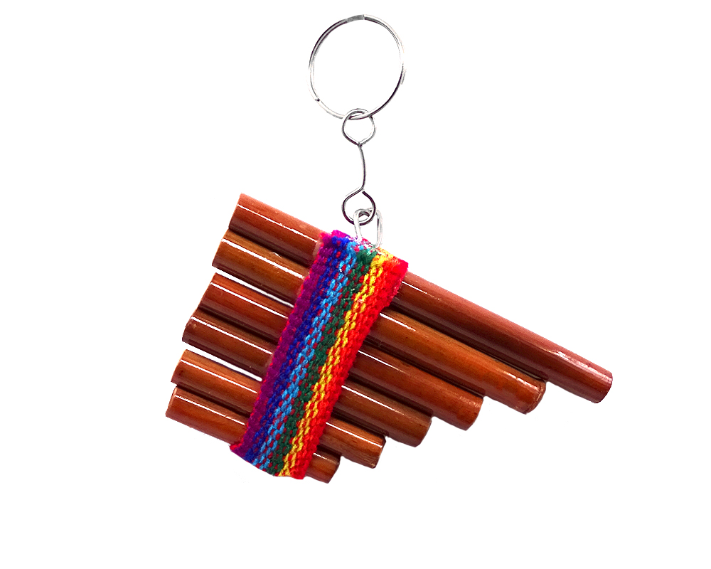 Handmade mini wooden keychain of a pan flute with rainbow-colored strap and silver metal key ring.