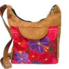 LB-010101019918 Square-shaped hobo crossbody purse bag with multicolored embroidered floral designs, brown vegan leather suede, and red fabric.