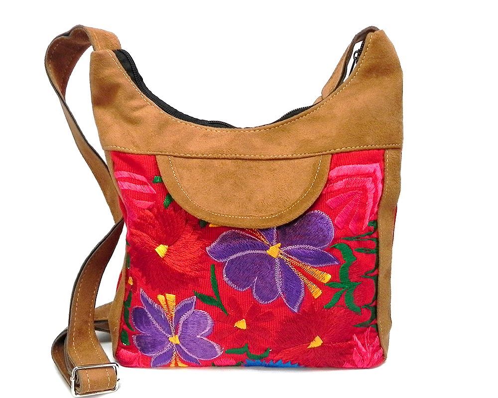 LB-010101019918 Square-shaped hobo crossbody purse bag with multicolored embroidered floral designs, brown vegan leather suede, and red fabric.