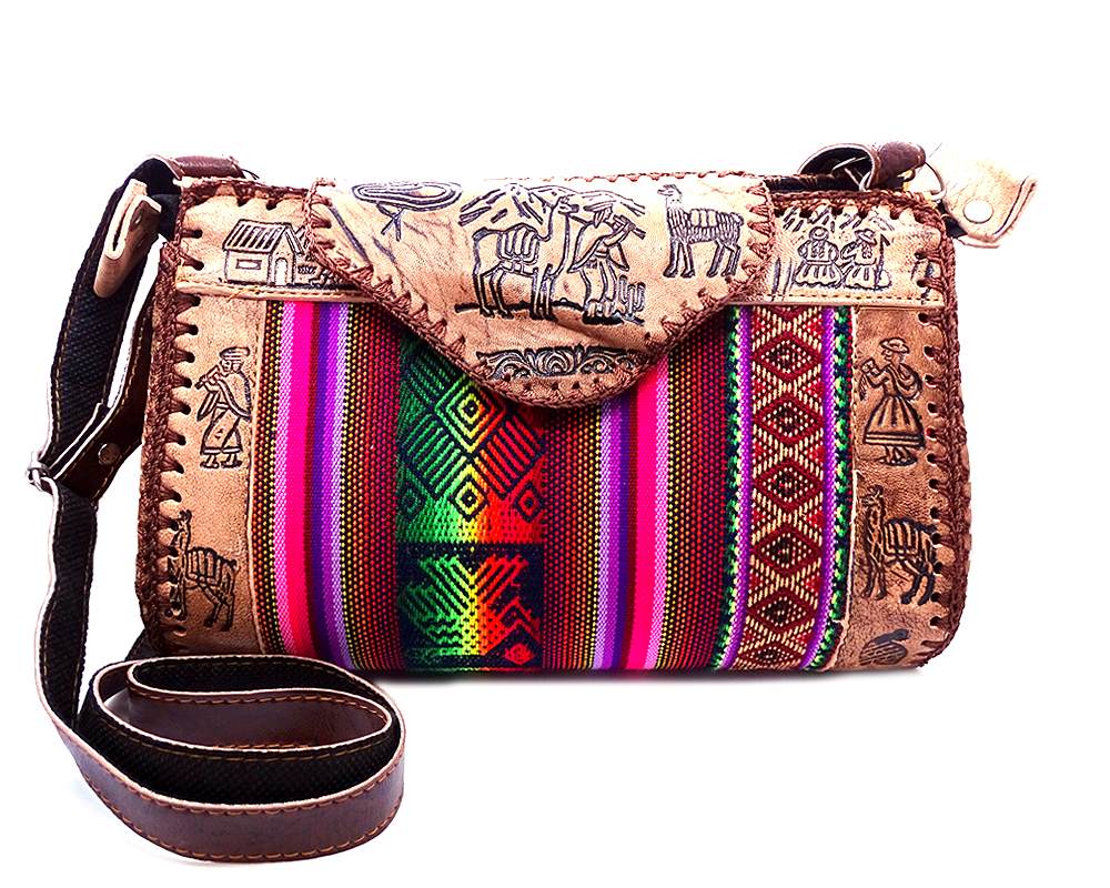 Handmade Peruvian purse bag with authentic leather, acrylic wool, snap button and zipper closure, and adjustable strap in brown and multicolored color combination.