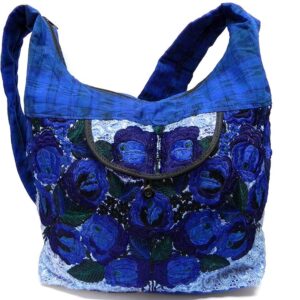 Handmade large floral purse bag with embroidered cotton, plaid fabric, zipper closure, outer pocket, and strap in blue color combination.