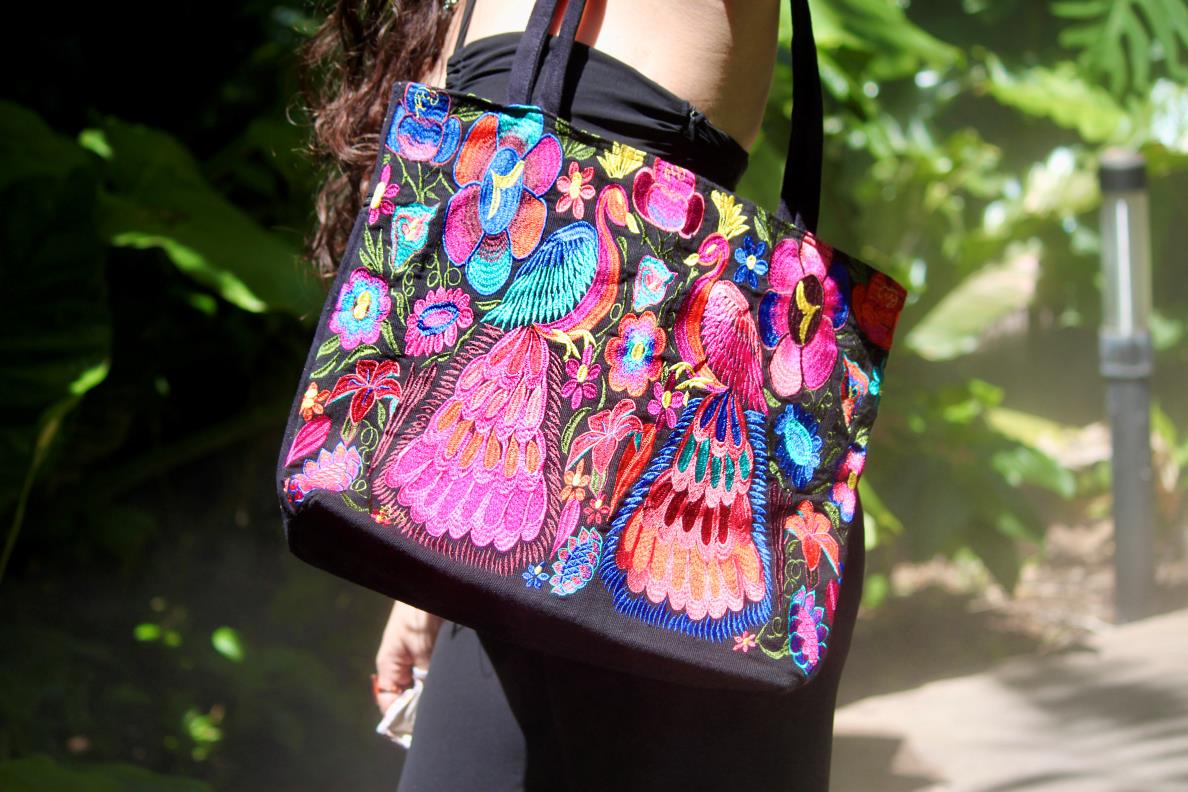 LB-020401090799 Handmade extra large tote purse bag with multicolored embroidered peacock and floral designs and black vegan leather suede.