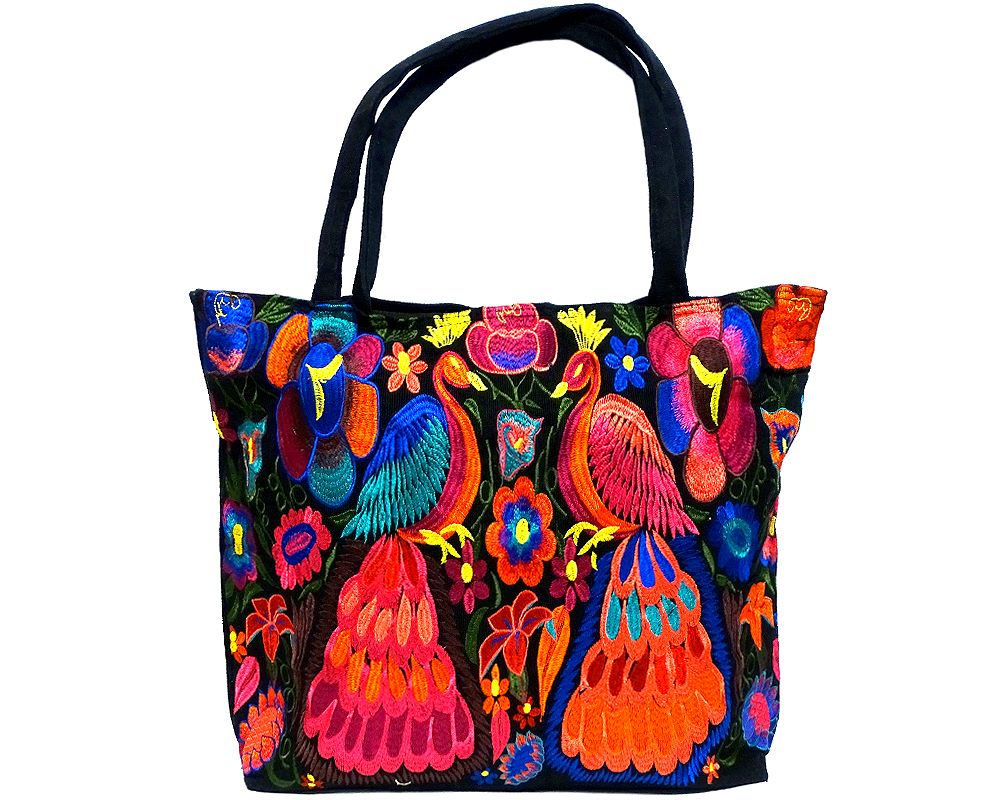LB-020401090799 Handmade extra large tote purse bag with multicolored embroidered peacock and floral designs and black vegan leather suede.