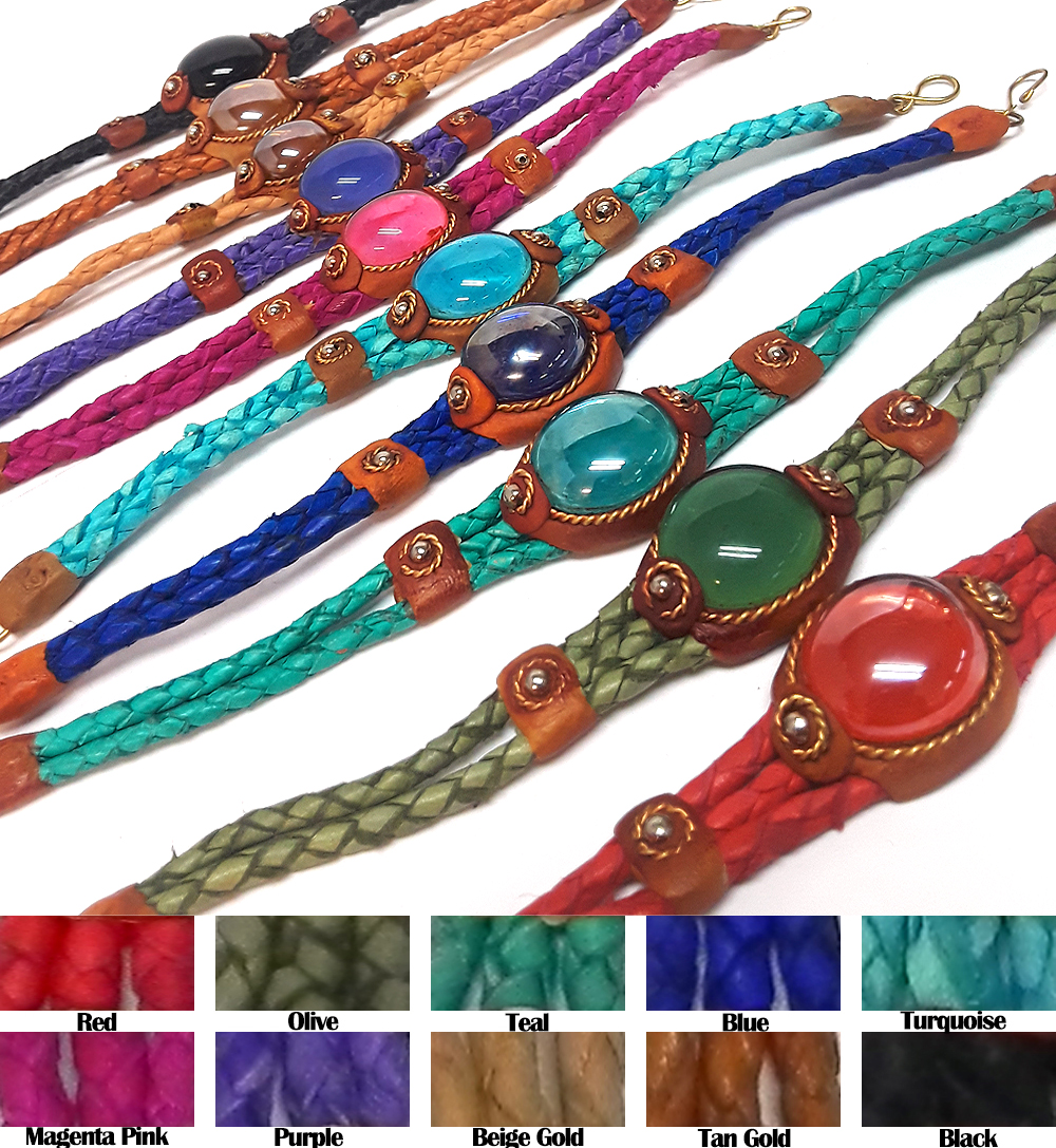 Braided dyed leather bracelet with brown resin, gold-colored metal, and round-shaped glass bead centerpiece.