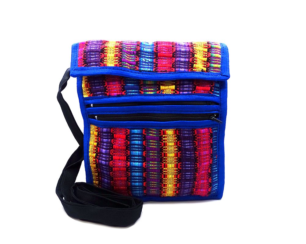 Handmade medium-sized cushioned woven cotton mini iPad or mini tablet bag with multicolored stripes and strap in blue.