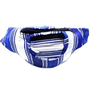 Handmade woven lightweight fanny pack bag with multicolored striped pattern in white, blue, and navy blue color combination.