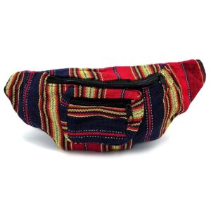Handmade woven lightweight fanny pack bag with multicolored striped pattern in red, navy blue, light yellow, and white color combination.