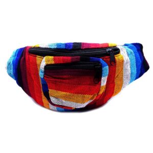 Handmade woven lightweight fanny pack bag with multicolored striped pattern in red, golden yellow, blue, turquoise, and white color combination.